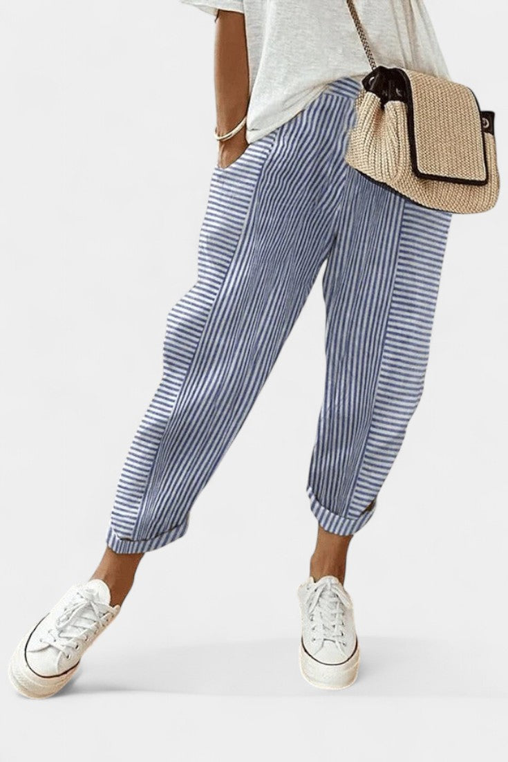 Alba Pantalones de Mezcla de Lino a Rayas