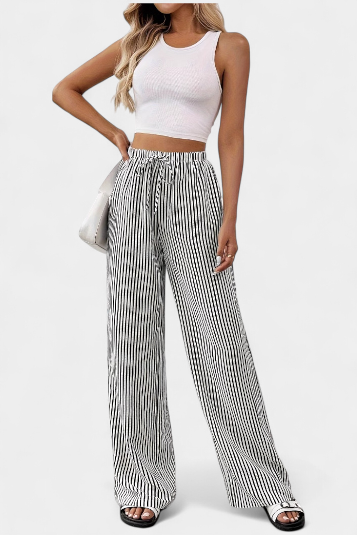 Nuria | Pantalones Rectos Ligeros con Cintura Ajustable a Rayas